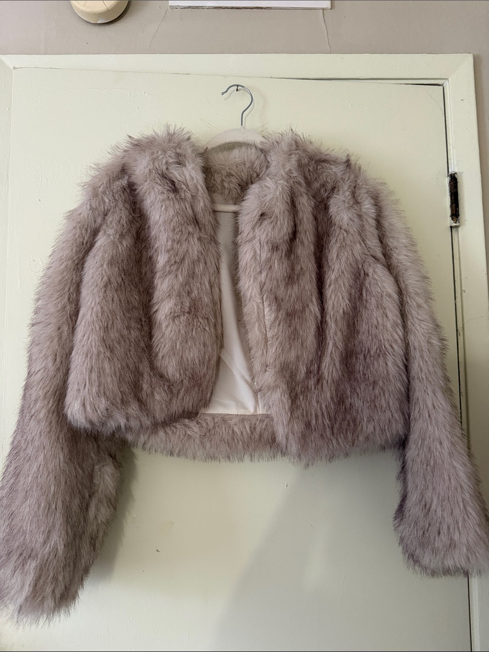 SHEIN Plush Faux Fur Cropped Jacket in Taupe